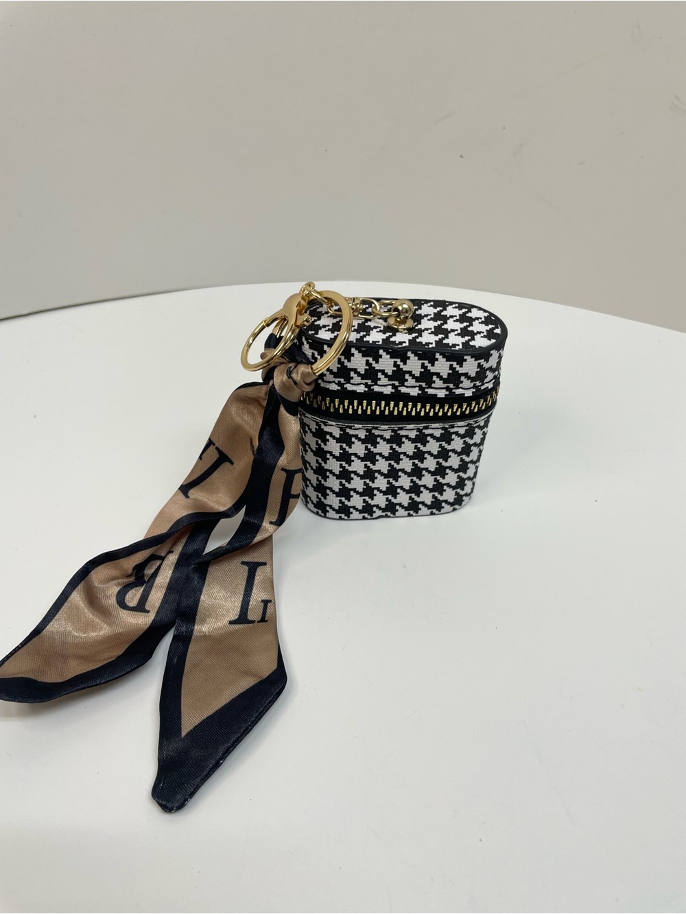 Houndstooth Mini Case with Gold Hardware and Scarf Accent